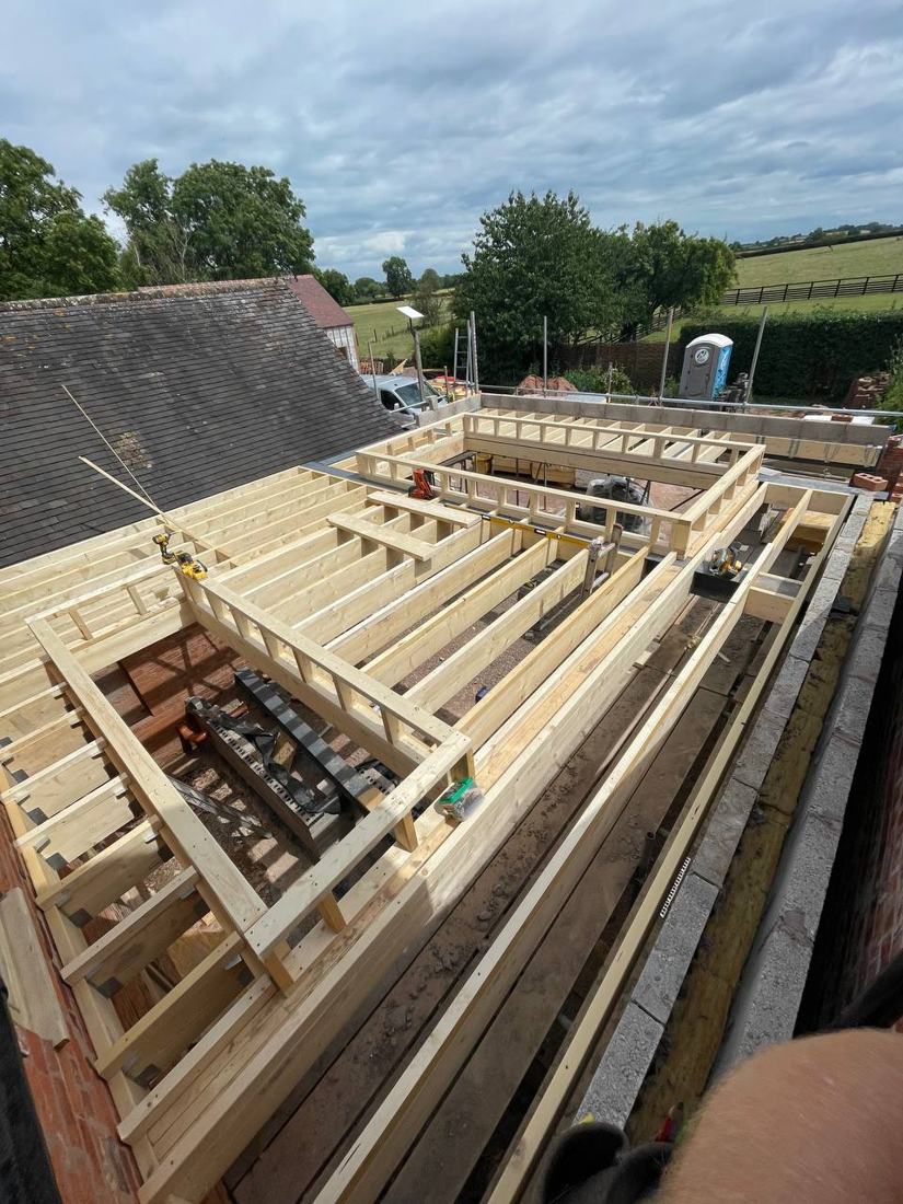 Flat roof joists on a rural extension